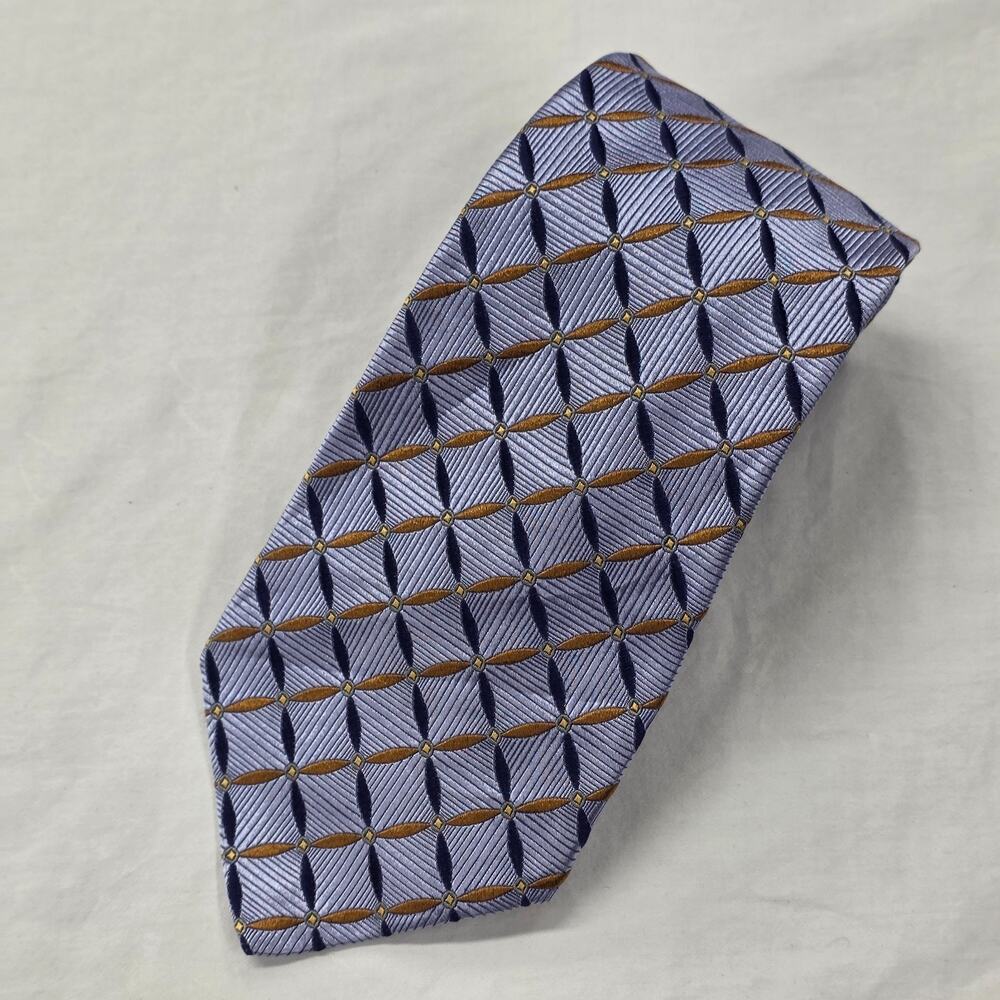 Robert Talbott Silk Necktie Tie Blue Gray Geometric Textured USA Grid Business